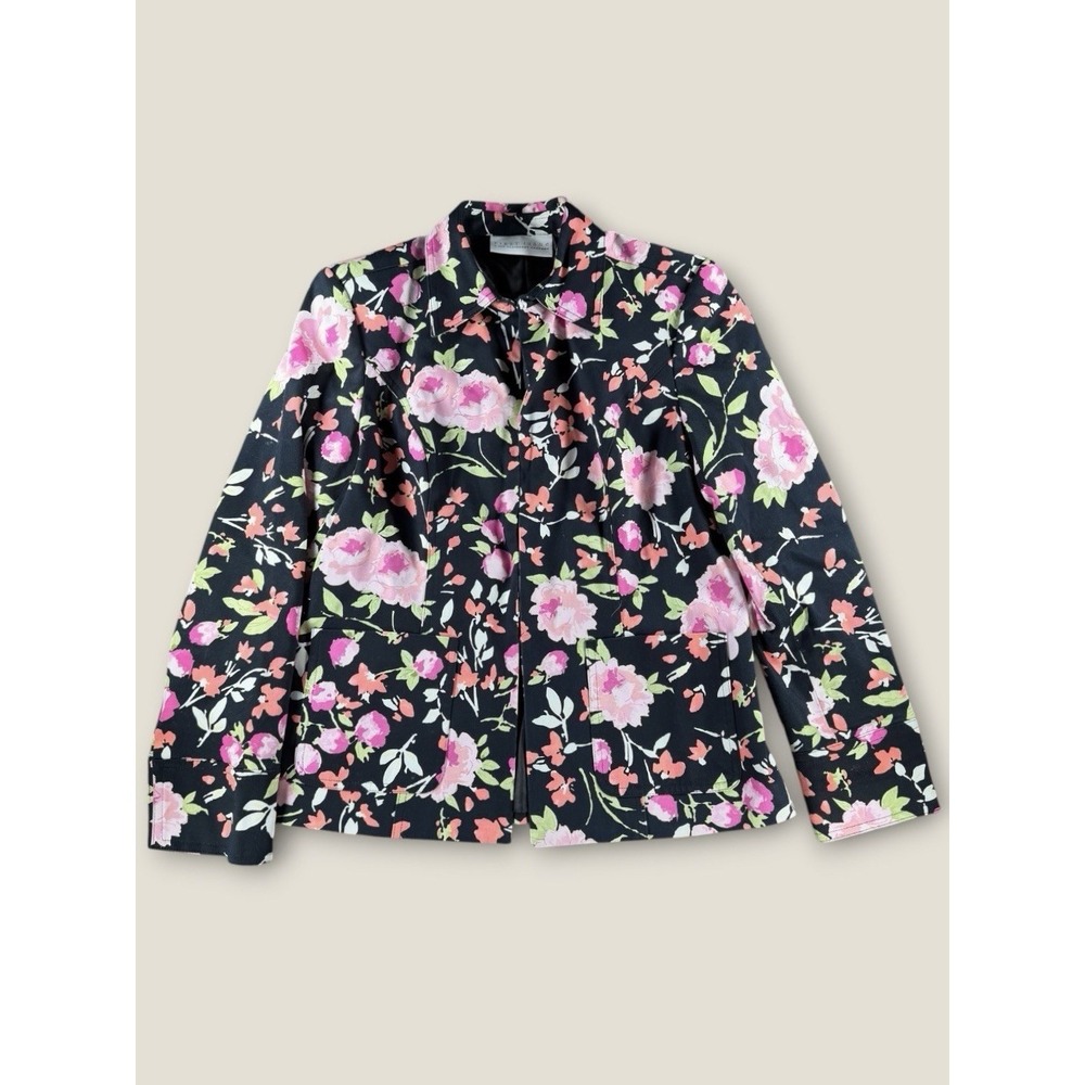 First Issue Liz Claiborne Floral Blazer Jacket Womens Medium Black‎ Pink Cotton